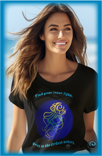 Woman wearing a black t-shirt with a jellyfish design and text, standing against a blue sky.
