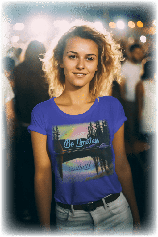A woman wearing a purple shirt that has a painted picture of a peaceful lake with the text, "Be Limitless".