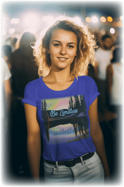 A woman wearing a purple shirt that has a painted picture of a peaceful lake with the text, "Be Limitless".