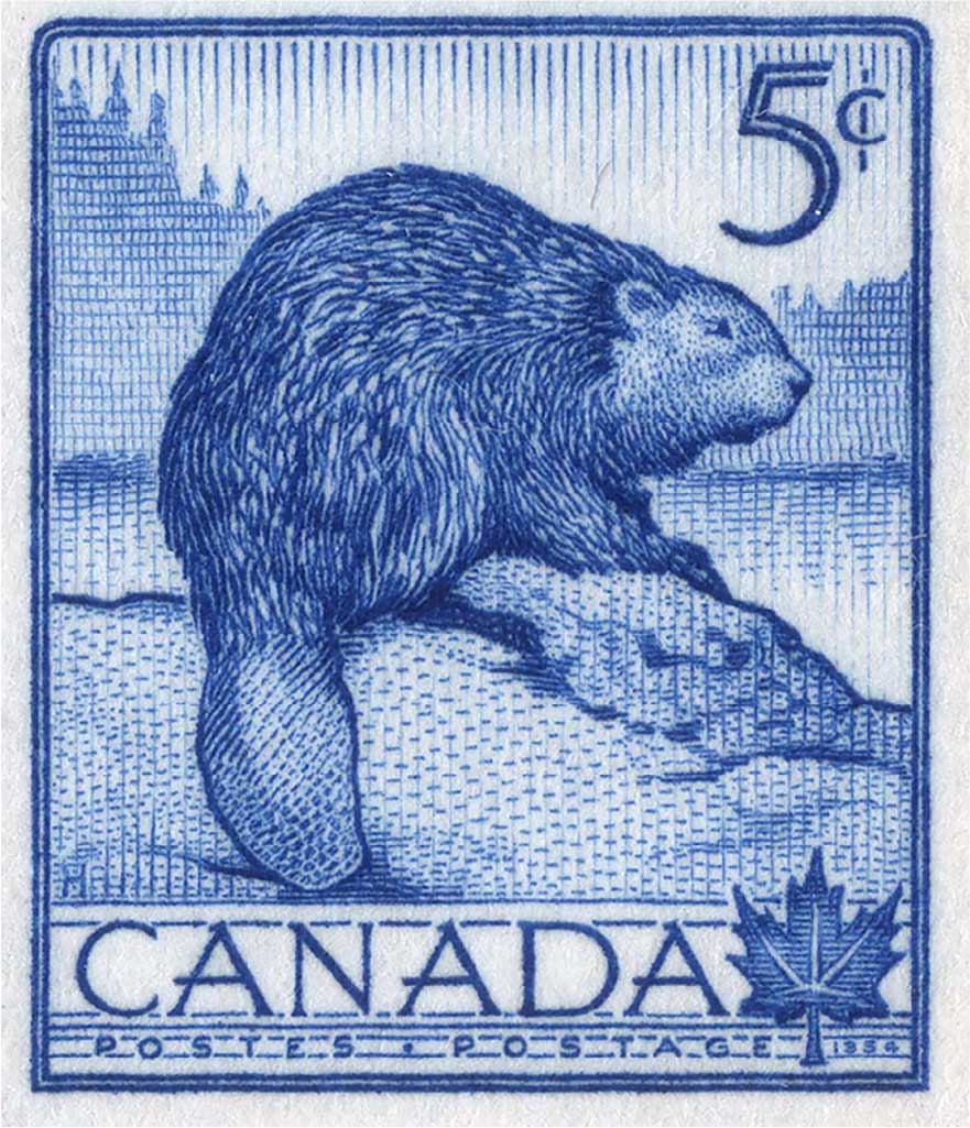 Vintage Canadian postage stamp with a beaver illustration and '5c' denomination