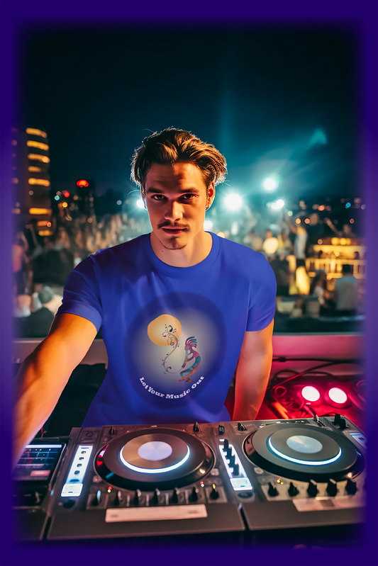 Young male DJ with stylish hair mixing music at nightclub with vibrant lights and crowd