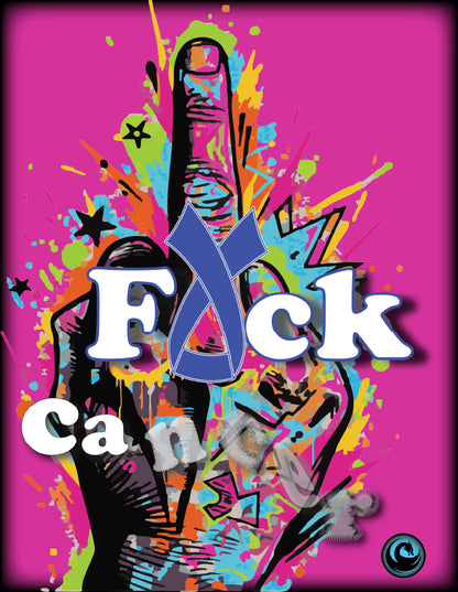 Colorful middle finger graphic with abstract designs and FU Cancer text on a pink background